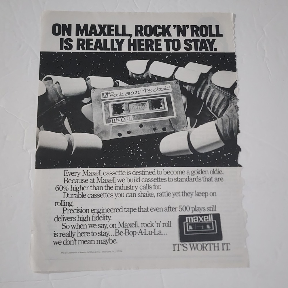 Vintage Print Ad Maxell cassette rock n roll outer space B&W 1980s clipping